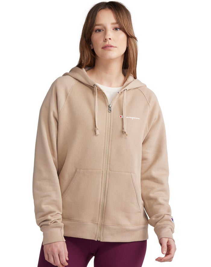 Champion Womens Hoodie NZ - Powerblend Fleece Full Zip Khaki ( 9401-QLXEW )